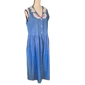Vtg.80’s Embroidered Floral & Lace Sleeveless Denim Button Down Maxi Dre…